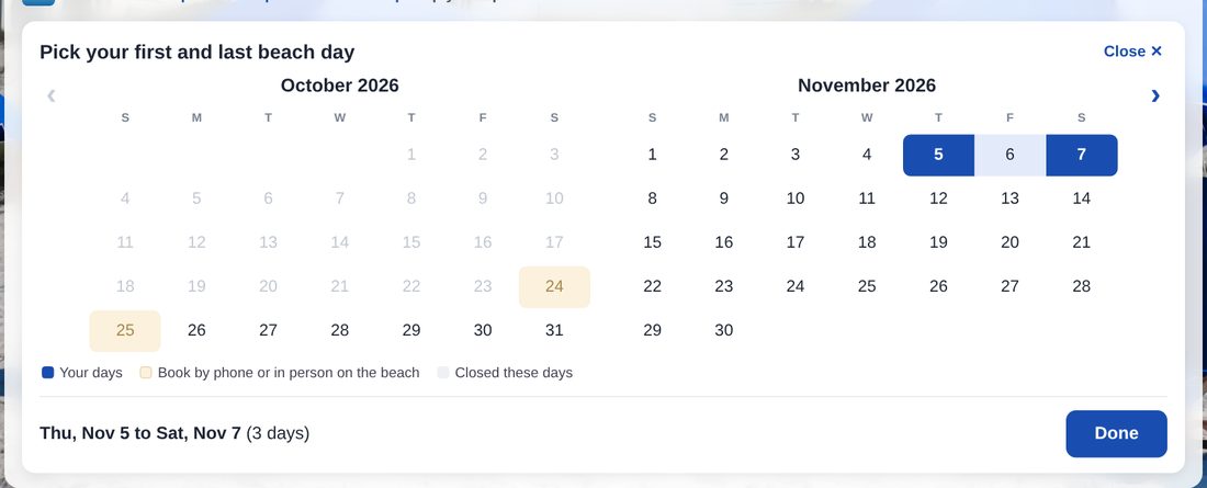 Calendar with the first and last beach day picked